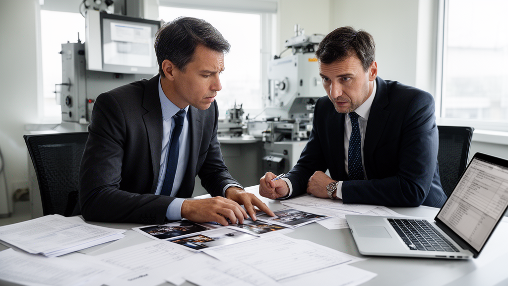 Advogado e empresário analisando documentos e fotos de equipamento industrial em escritório empresarial