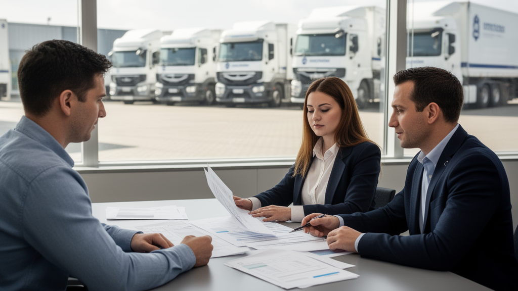 Equipe empresarial analisando contratos com caminhões da frota ao fundo