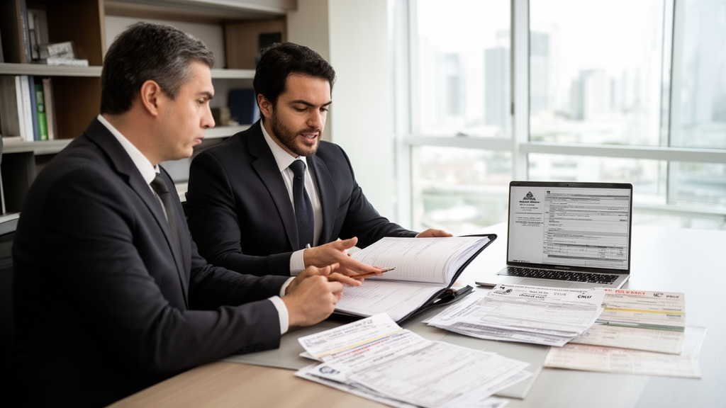 Advogado e gestor corporativo revisando processo e documentos de veículos em escritório claro