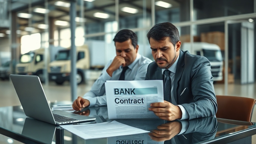 Empresário e advogado analisando contratos bancários em escritório com frota empresarial ao fundo.