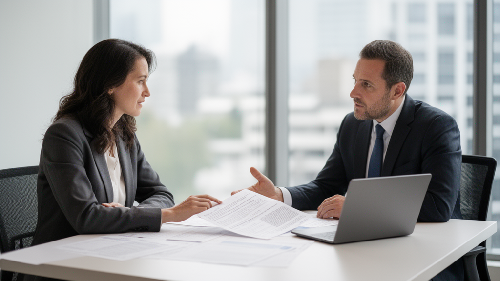 Empresário e gerente analisando documentos de crédito em escritório corporativo