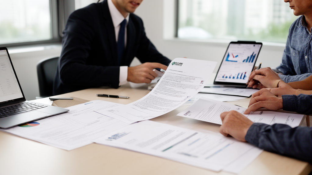 Sócio e advogado analisando contrato bancário CCB em sala corporativa, documentos e laptop sobre a mesa
