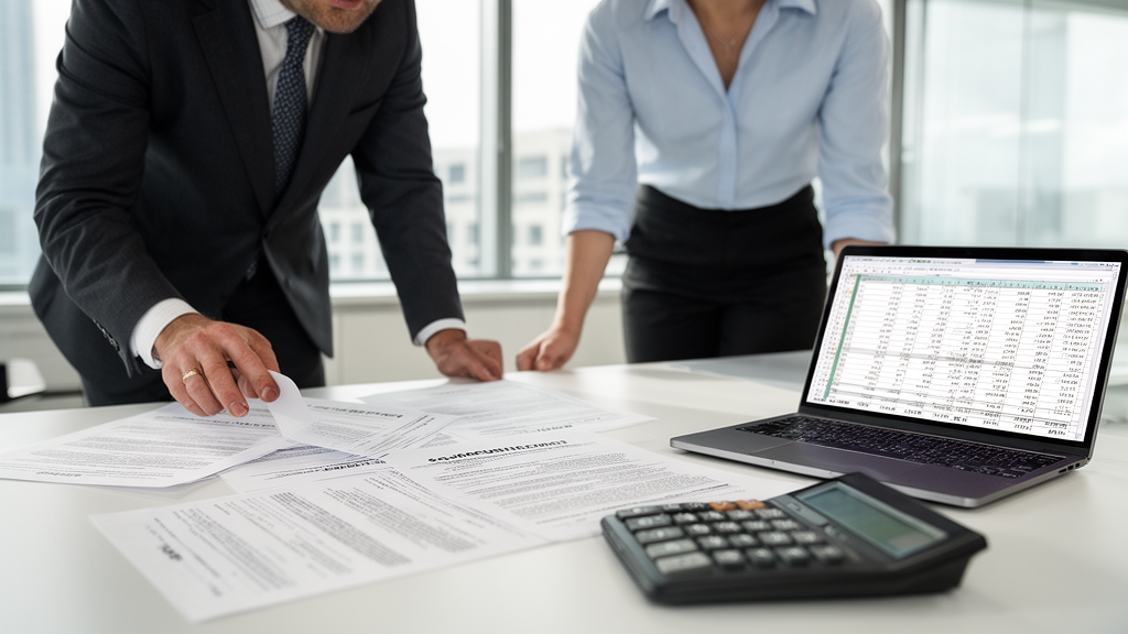 Equipe empresarial analisando contratos e planilhas financeiras em escritório moderno