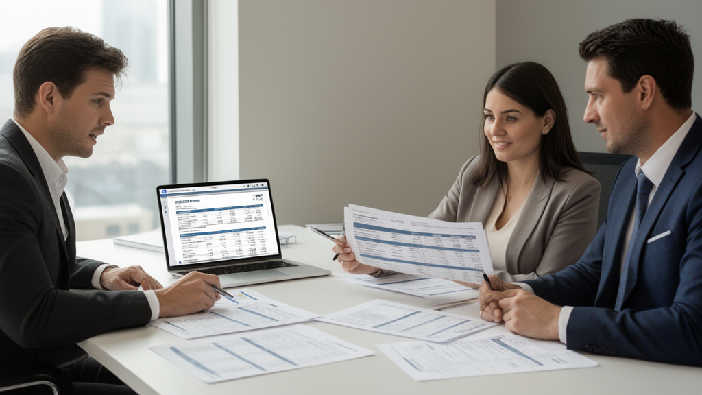 Executivos em reunião analisando documentos de crédito e planilhas em ambiente corporativo