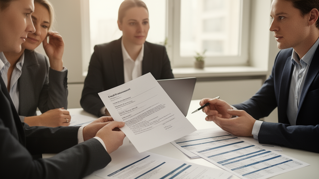 Equipe empresarial e advogado analisando documentos de CCB em escritório iluminado