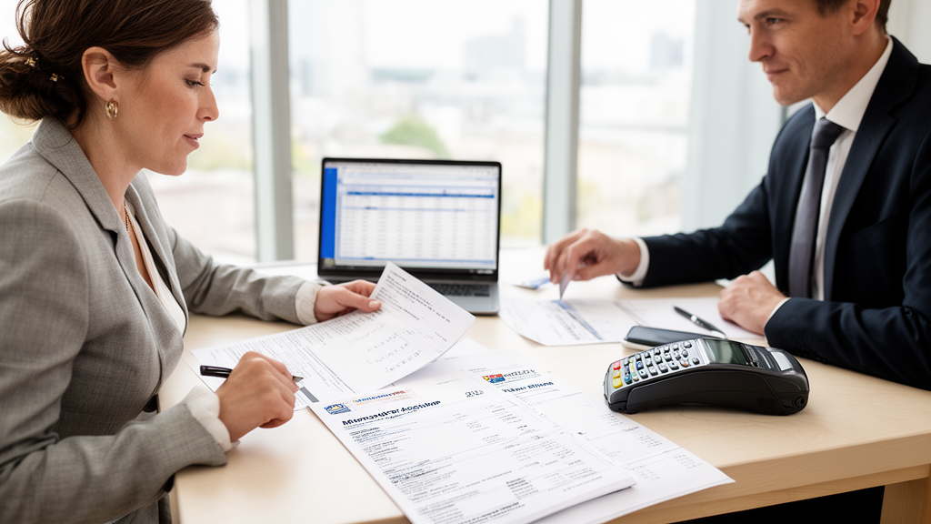 Advogado e empresário analisando extratos da maquininha e contratos em escritório iluminado