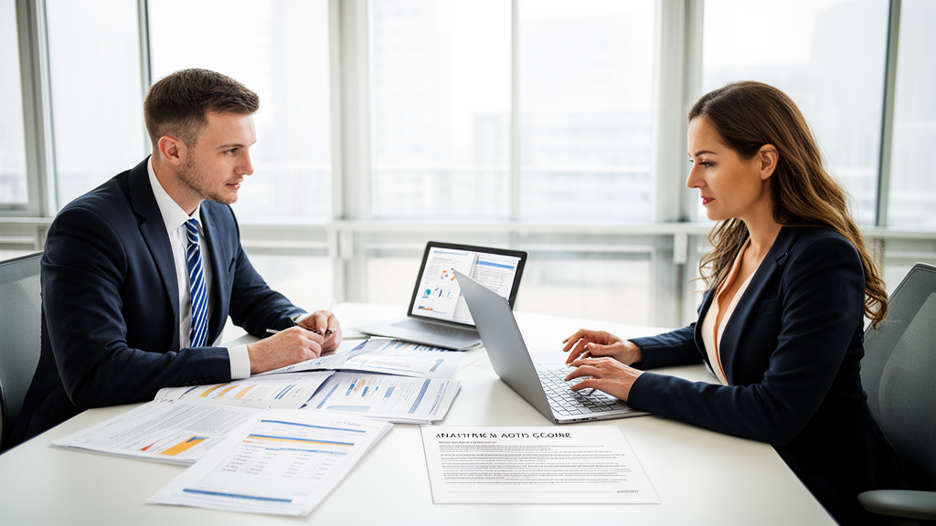 Três profissionais em reunião empresarial analisando contratos e demonstrativos financeiros em escritório claro