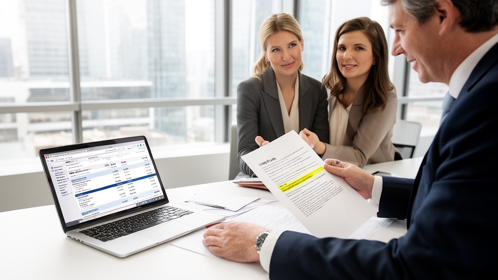 Advogado e diretor empresarial analisando contrato e extratos em escritório claro