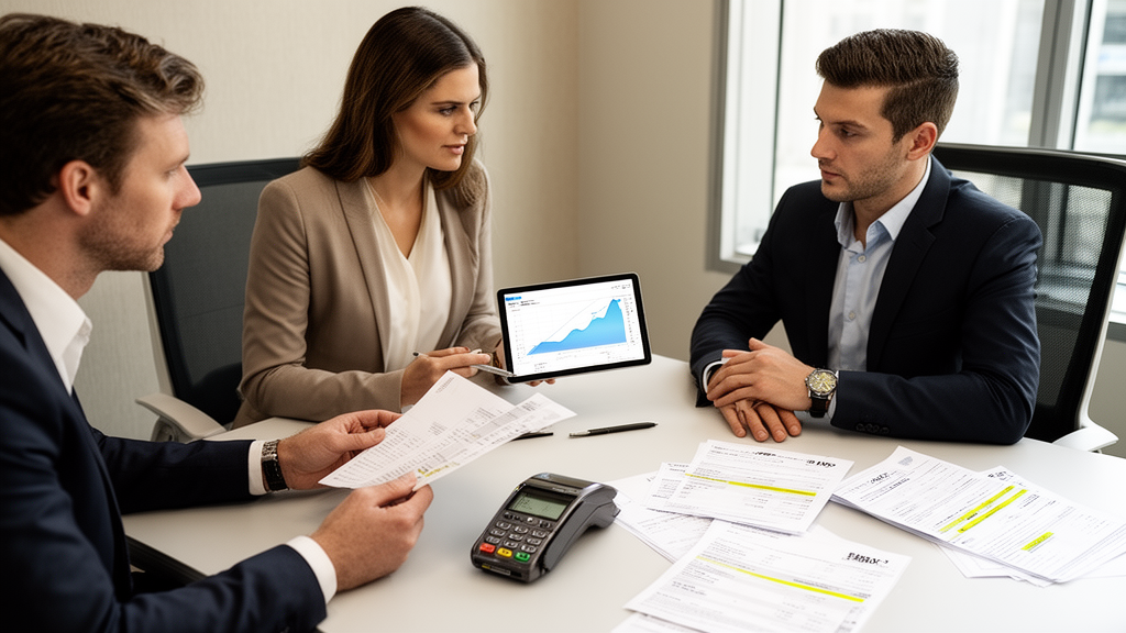 Equipe empresarial revisando documentos financeiros com maquininha e extratos em sala clara