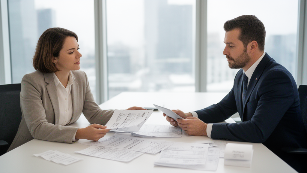 Empresário e gerente de banco analisando recebíveis e contratos em escritório claro