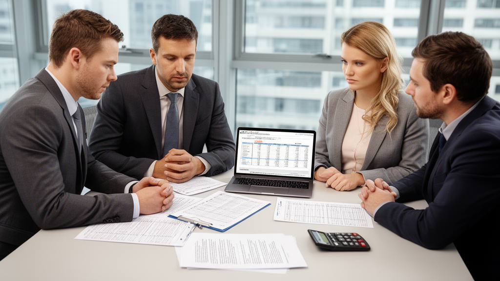 Equipe empresarial analisando planilha financeira e contrato de CCB em sala bem iluminada