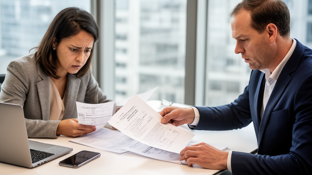 Empresário e gerente revisando extratos e contrato em escritório moderno, luz natural