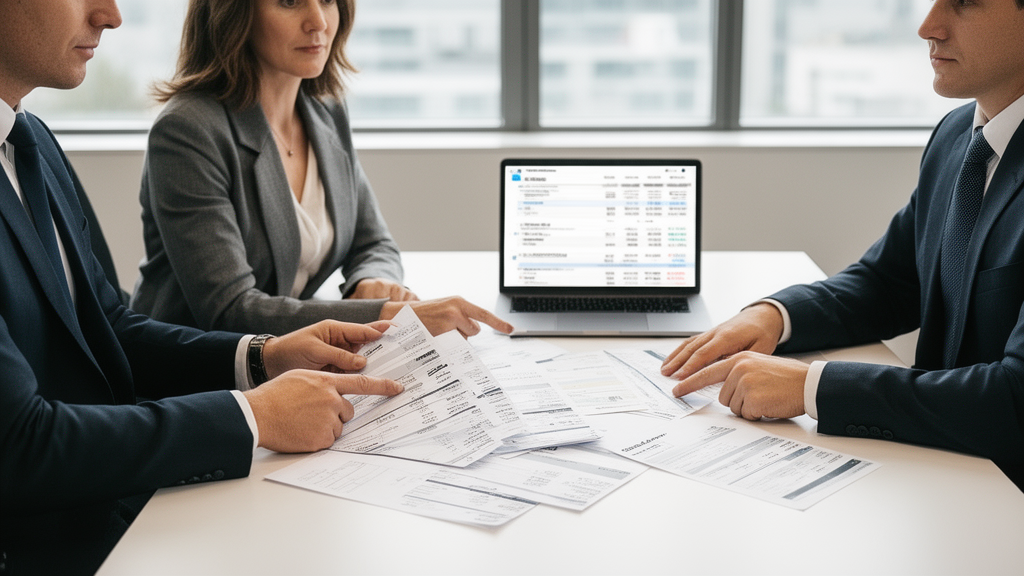 Advogado e empresário analisando extratos e relatórios de maquininha em sala corporativa