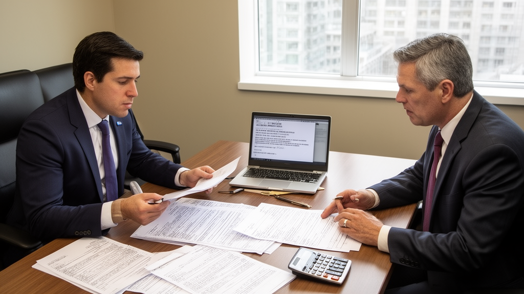 Advogado e CFO revisando extratos e intimação bancária em sala corporativa