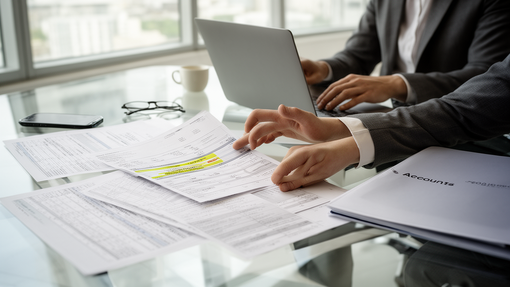 Dois profissionais revisando extratos e planilhas em escritório moderno, analisando transferências e documentos