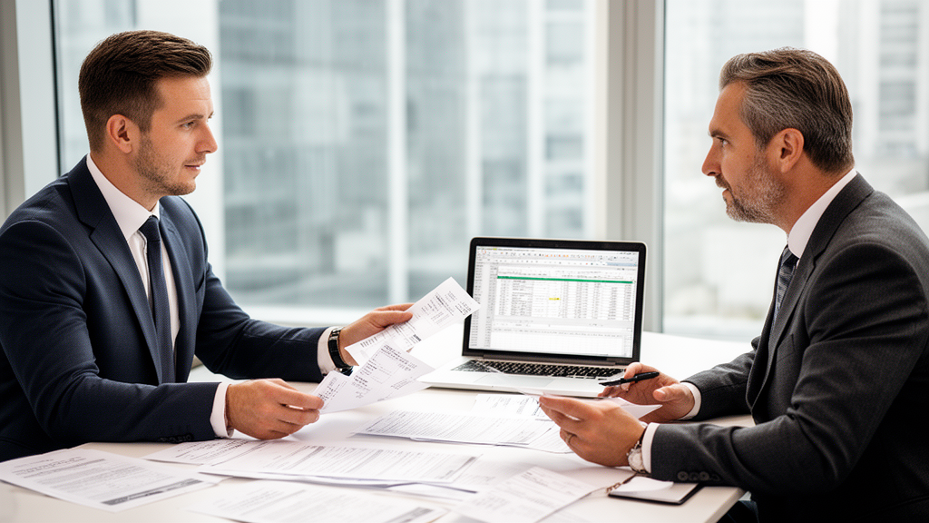 Advogado e diretor financeiro analisando extratos e planilha em escritório empresarial