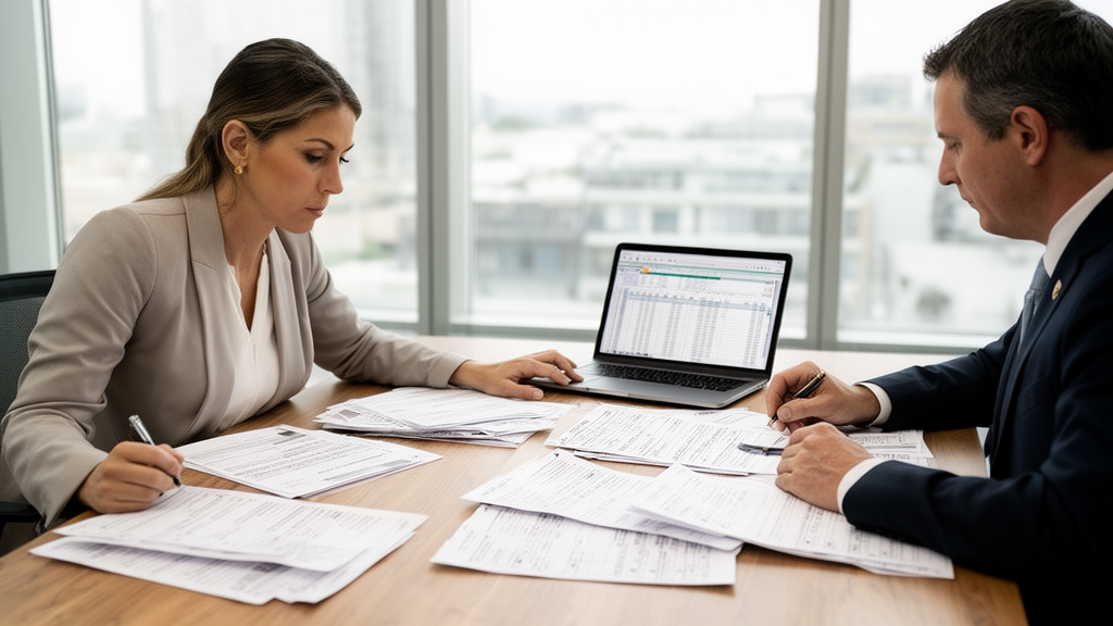 Advogado e empresário revisando extratos bancários e planilha em escritório corporativo