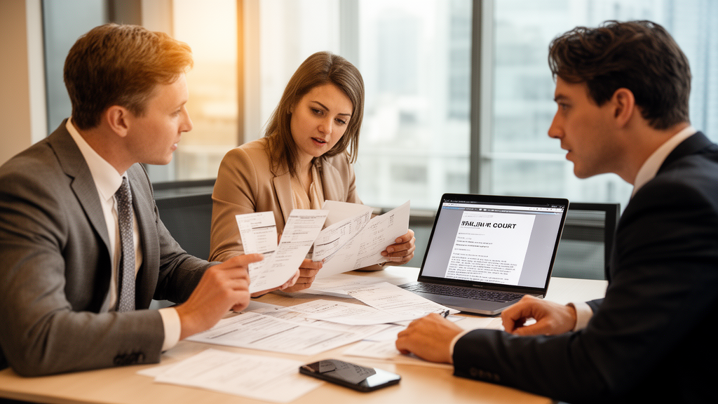 Equipe empresarial revisando extratos e documentos judiciais em escritório moderno