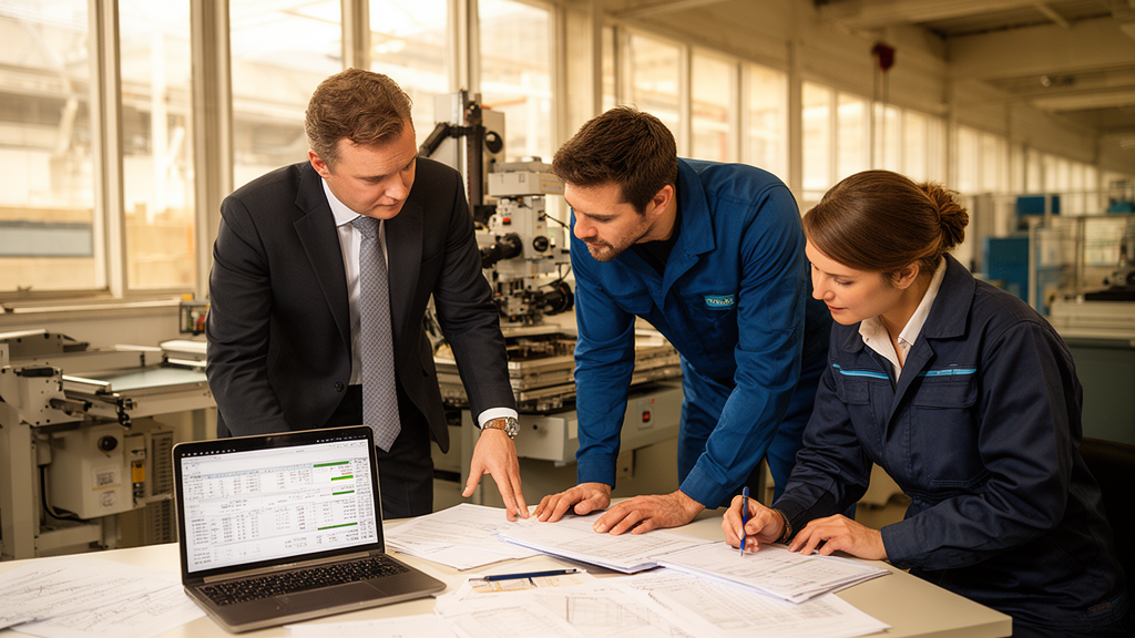 Equipe empresarial avaliando máquina industrial e planilhas financeiras em ambiente de fábrica