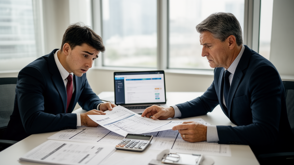 Advogado e CFO revisando extratos e folha de pagamento em escritório moderno