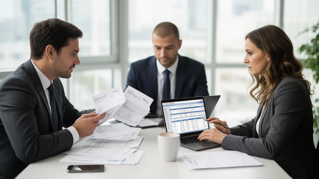 Equipe empresarial revisando extratos bancários e planilhas em escritório claro