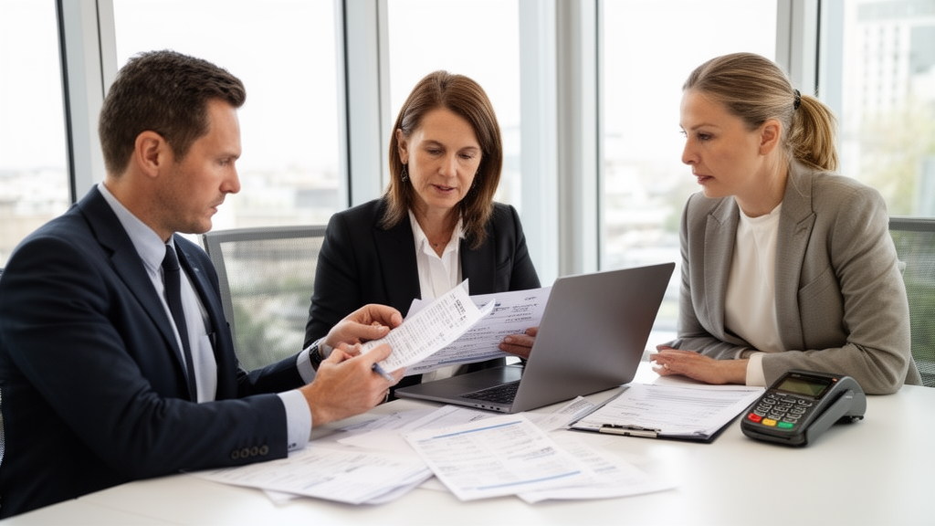 Empresário e consultor financeiro analisando extratos e recebíveis em escritório iluminado