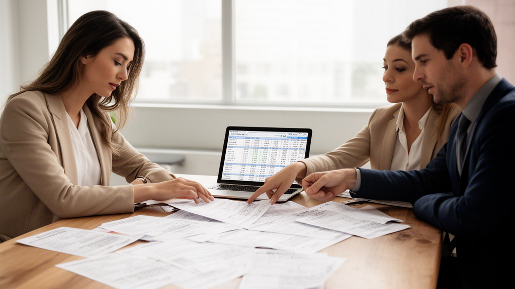 Equipe revisando extratos e planilha financeira em escritório moderno, luz natural