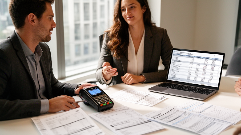 Equipe empresarial analisando relatórios de recebíveis e extratos com maquininha sobre a mesa