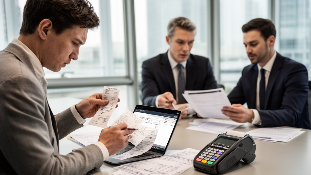 Empresário e advogados analisando extratos e comprovantes de maquininha em escritório moderno