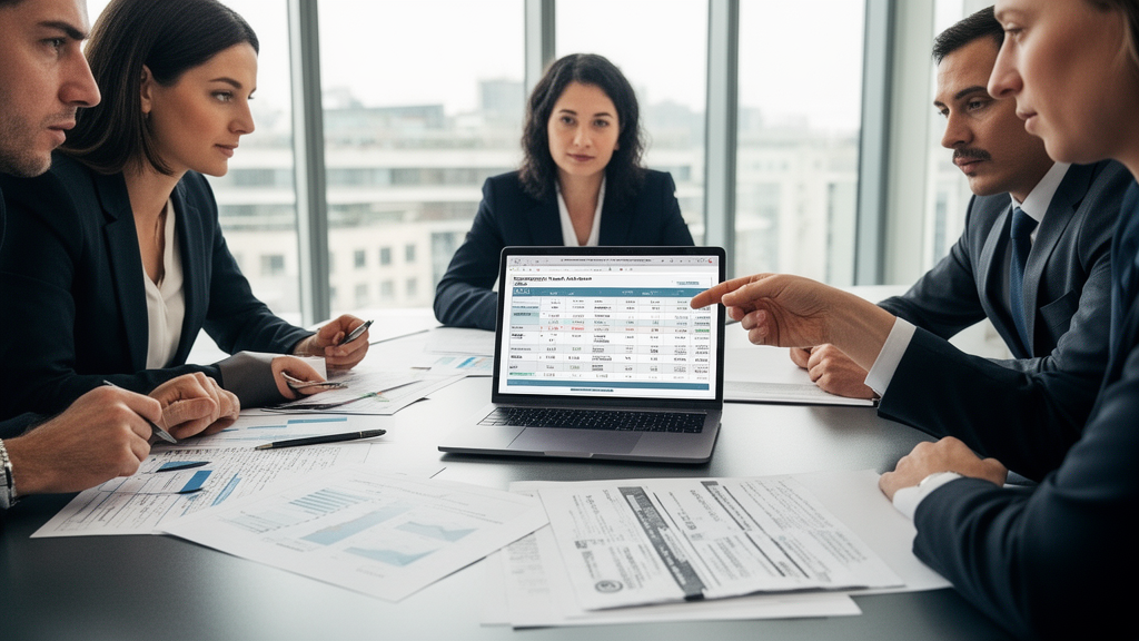 Equipe empresarial analisando fluxo de caixa e documentos bancários em reunião corporativa