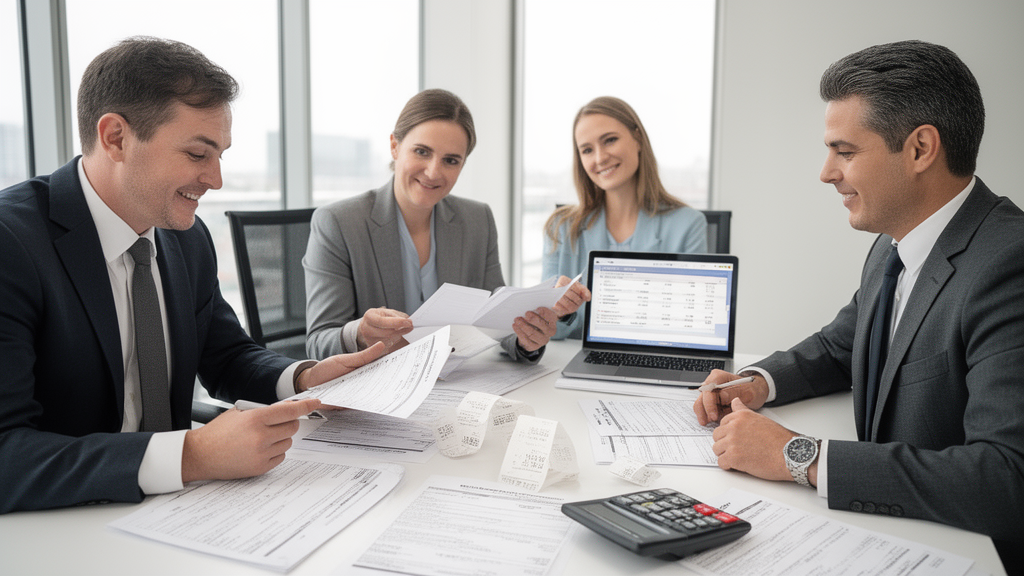 Equipe jurídica e contábil analisando extratos de recebíveis e maquininha em escritório claro