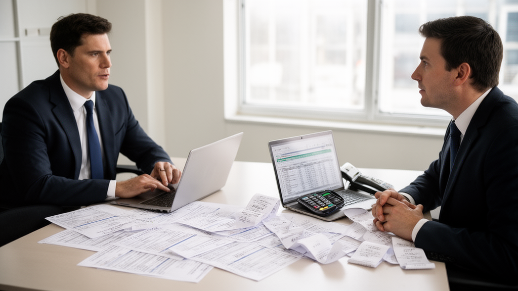 Advogado e empresário analisando extratos e contratos sobre mesa em escritório claro