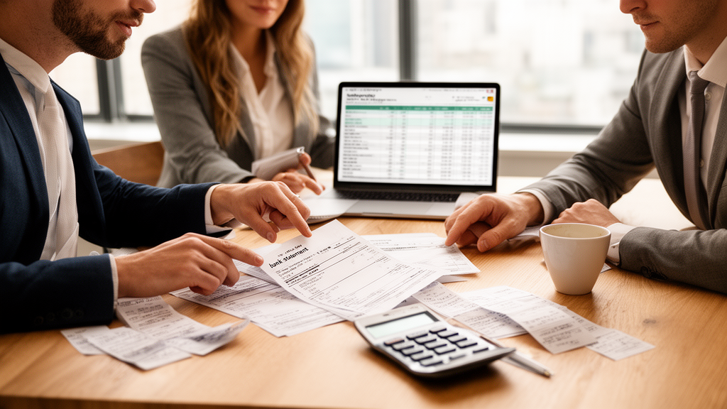 Equipe empresarial analisando extratos e planilha para demonstrar impacto da penhora de faturamento