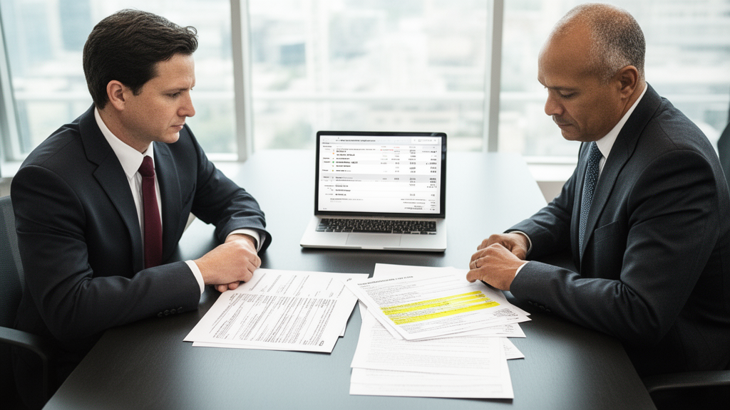 Advogado e empresário analisando extratos bancários e contrato em escritório moderno