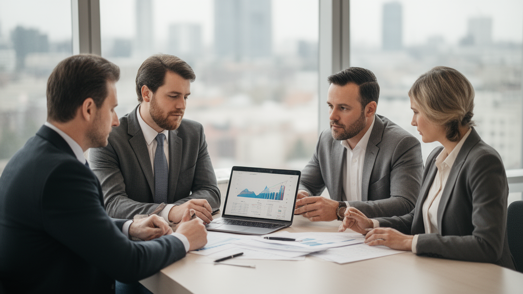 Advogado e sócios em reunião empresarial revisando documentos e gráficos em escritório moderno