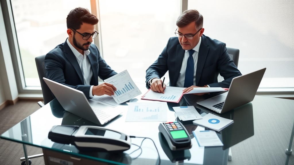 Empresário e advogado analisando relatórios de recebíveis de cartão de crédito em escritório corporativo.