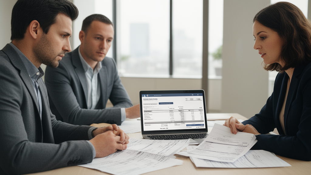 Equipe empresarial analisando extratos e planilha financeira em escritório moderno