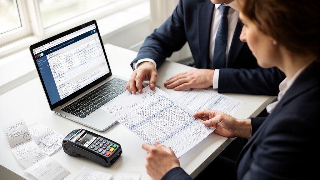 Advogado e empresário analisando relatórios da maquininha e extratos em escritório claro