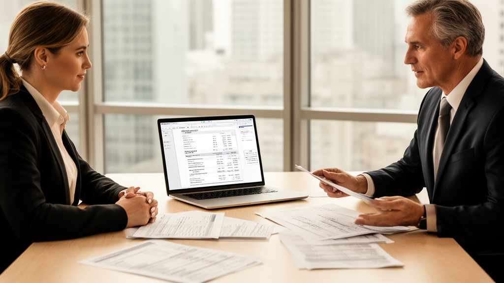 Advogado e CFO revisando extratos e documentos financeiros em escritório corporativo, luz natural