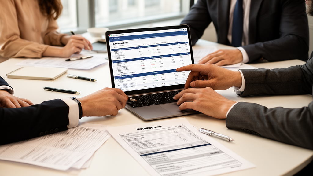 Equipe revisando contratos de factoring e extratos em escritório corporativo