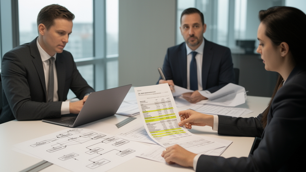 Advogado e diretor financeiro analisando extratos e fluxo de caixa em sala corporativa