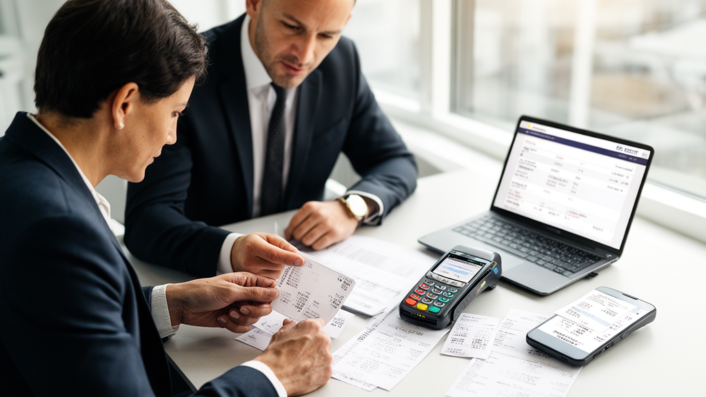 Advogado e empresário revisando extratos e comprovantes de vendas da maquininha em escritório corporativo