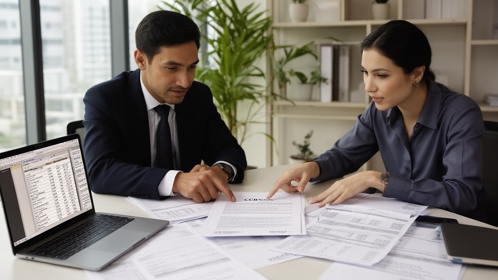 Advogado e gestor empresarial revisando CCB e extratos em escritório corporativo iluminado