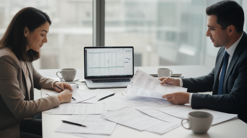 Empresário e advogado analisando documentos financeiros e extratos em mesa de escritório