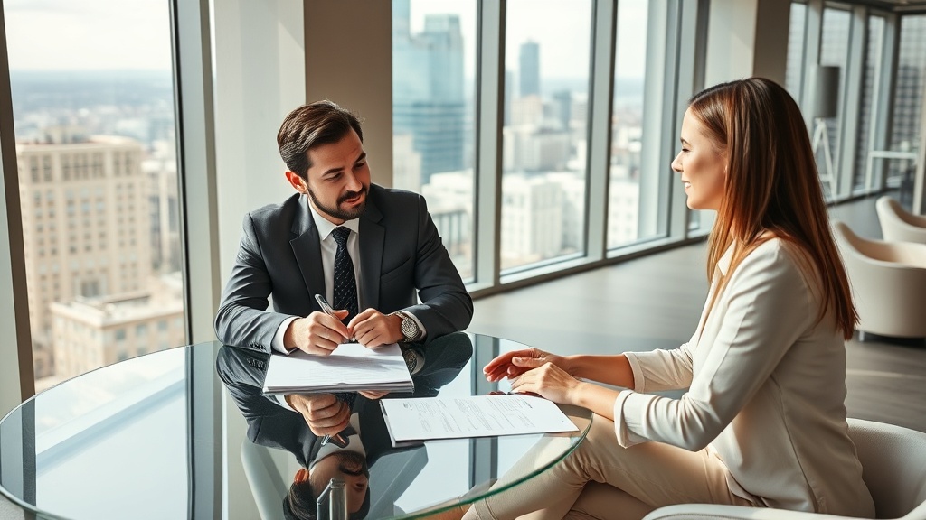 Empresário e gerente de banco analisando contrato de dívida com imóvel em garantia em sala de reunião corporativa