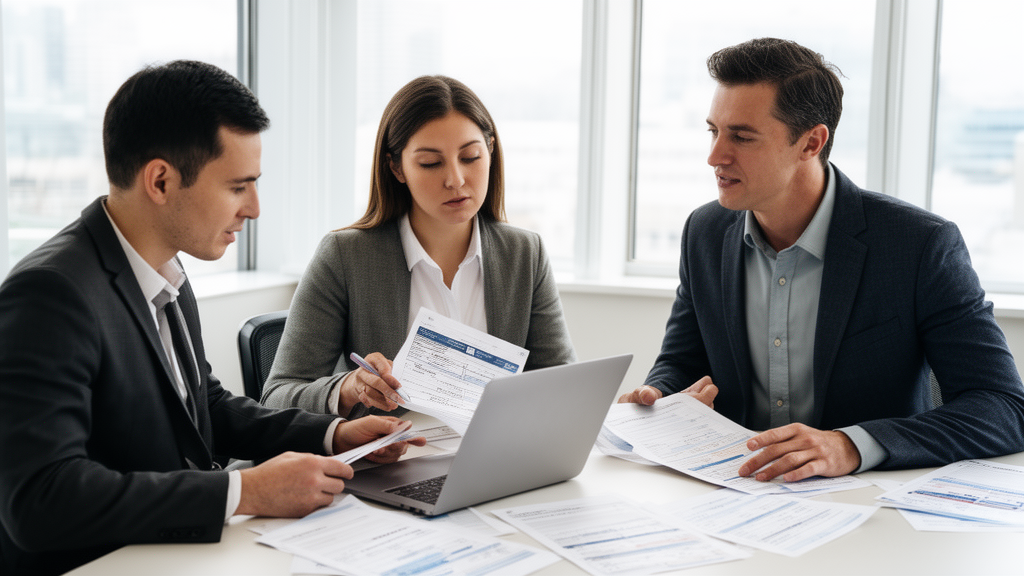Executivos revisando proposta de parcelamento e extratos em sala corporativa clara