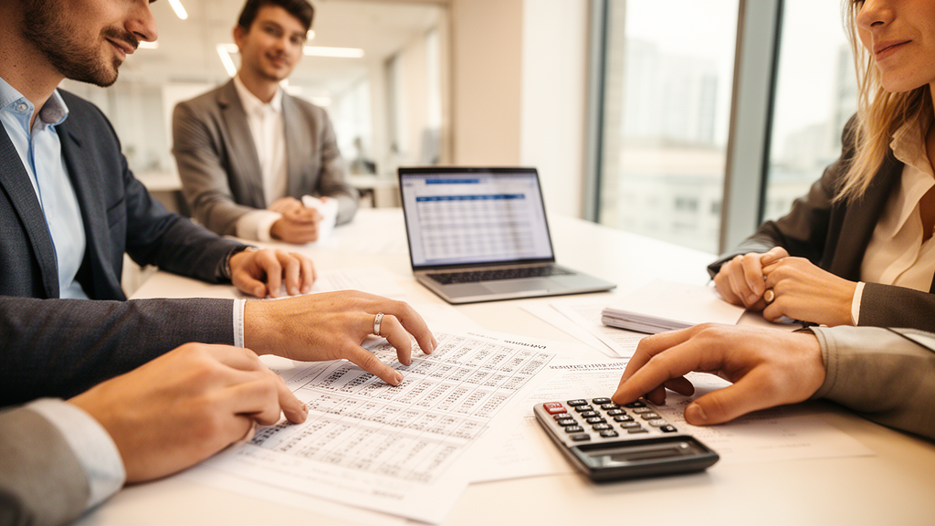 Equipe empresarial analisando planilha de renegociação de dívida em sala clara e moderna