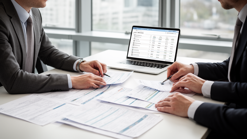 Executivos analisando extratos e planilhas em escritório moderno para discutir conta vinculada e recebíveis