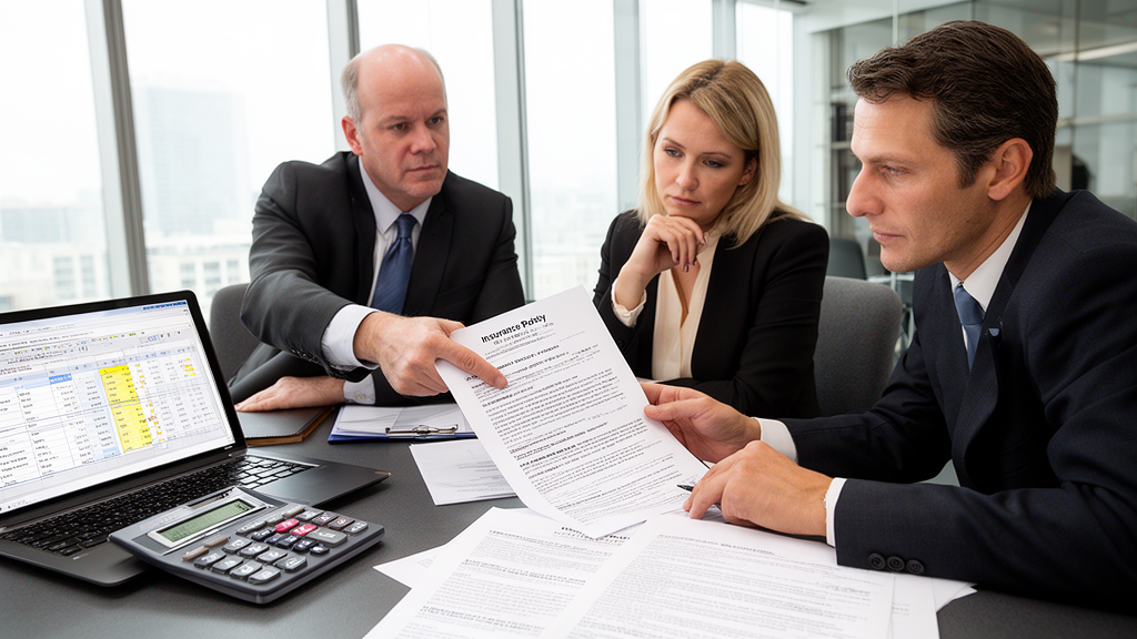 Equipe jurídica e financeira analisando apólice de seguro garantia judicial em escritório moderno