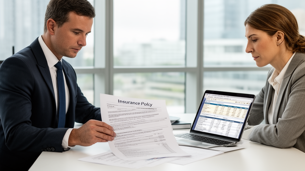 Advogado e diretor financeiro analisando apólice de seguro em escritório corporativo
